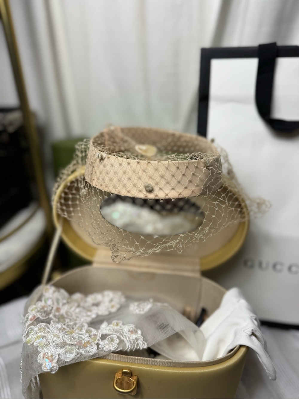 Vintage 50s 60s Beige Veiled Pillbox Hat for Women